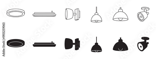 Set of black and white icons representing different lighting fixtures, including pendant lamps, spotlights, and ceiling lights, shown in both line art and solid silhouette styles
