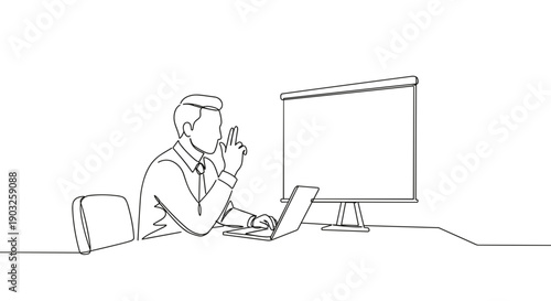 Line drawing of a businessman sitting at a desk, working on a laptop, thinking, with a monitor and notepad on a plain white background