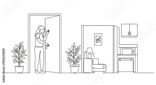 Line drawing of a woman opening a door in an indoor setting with plants, furniture, and a refrigerator, on a transparent background
