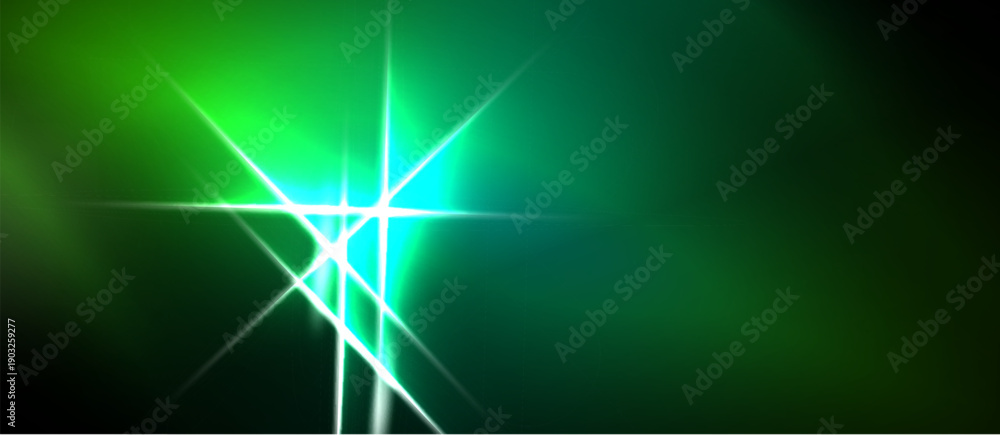 Naklejka premium Bright green light flares, radiating energy. Abstract design features sharp lines, creating dynamic visual effect. Dark background emphasizes luminosity.