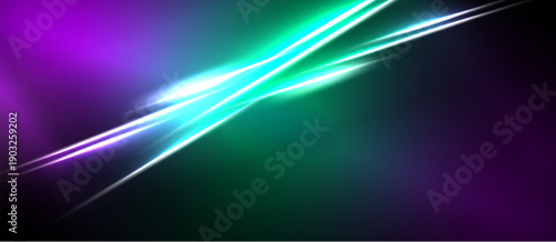 Abstract vibrant lines intersect, creating luminous energy. Purple, teal hues dominate dark background. Dynamic composition.