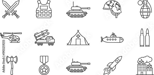Military equipment and warfare line icons set with weapons vehicles defense symbols for strategy security vector illustration
