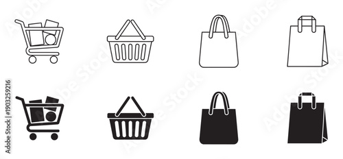 Set of black shopping icons featuring a cart, basket, and bags in both outline and solid silhouette styles for e-commerce and retail design