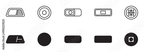 Set of ten minimalist black icons for user interface design, featuring a mix of line art and solid glyph styles including a webcam cover, buttons, and geometric shapes