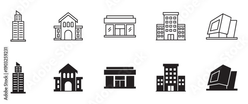 Set of black building icons showing various architectural styles including a skyscraper, office, and storefront in both thin line and solid glyph vector illustrations for graphic design
