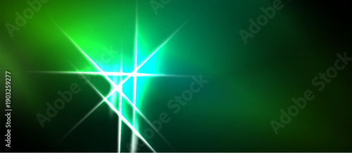 Bright green light flares, radiating energy. Abstract design features sharp lines, creating dynamic visual effect. Dark background emphasizes luminosity.