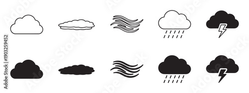 Set of black weather forecast icons in outline and solid styles showing clouds, wind, rain, and thunderstorms for meteorological applications