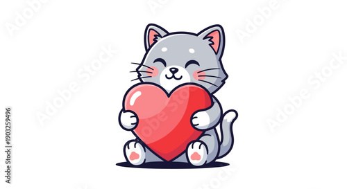 Vector illustration of a cute grey cat holding a red heart with a joyful expression against a clean white background.
