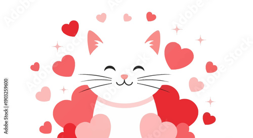 Vector illustration of a cute cat surrounded by hearts and heart balloons in various sizes and colors on a white background.