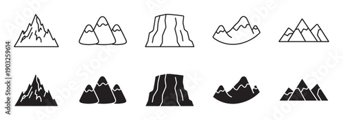 Set of ten mountain range icons presented in both black line art and solid glyph styles, featuring various peak shapes and minimalist designs for graphic elements