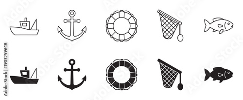 Set of black nautical fishing icons in two styles, outline and solid glyph, featuring a boat, anchor, lifebuoy, landing net, and a simple fish illustration for design