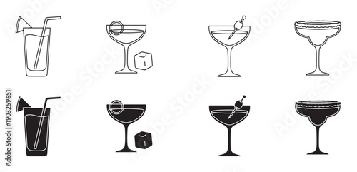 Set of black cocktail glass icons in outline and silhouette styles showing various drinks with garnishes like olive, citrus peel, and fruit wedge for a bar menu