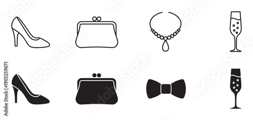 Set of black formal event icons featuring a high heel shoe, clutch purse, necklace, bow tie, and champagne flute in both simple outline and solid silhouette graphic styles
