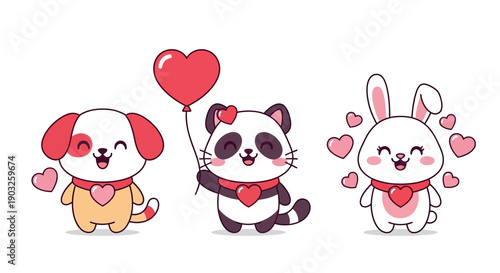Vector illustration of cute Valentine's Day animal mascots including a dog, panda, and rabbit with hearts and balloons on a clean white background.