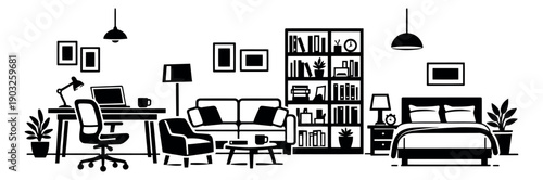 Minimalist graphic home interior set featuring an office, living room, and bedroom arrangement for domestic living concepts