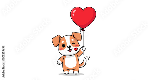 Vector illustration of a cute dog holding a heart-shaped balloon on a clean white background with Valentine's Day attributes.
