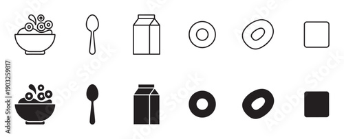 Black and white breakfast icon collection featuring line art and solid glyph styles with a cereal bowl, spoon, milk carton, and various flake shapes