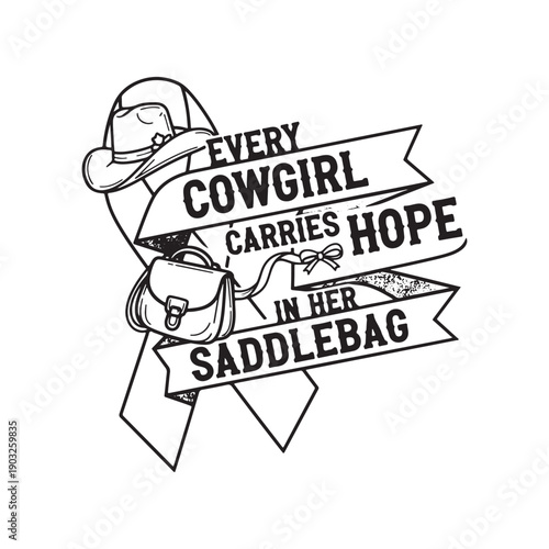  cowgirl with saddle bag and ribbon typography isolated on white background
