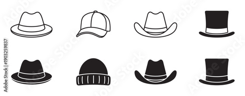 Set of eight hat icons in black and white featuring various headwear styles like fedora, top hat, cowboy, baseball cap, and beanie in outline and solid silhouette forms