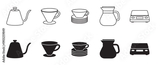 Set of coffee making equipment icons showing a kettle, dripper, cup, server, and scale in two graphic styles, simple line art and a solid black silhouette for design elements