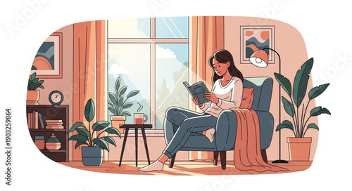 Young woman reading a book in a cozy armchair by the window.