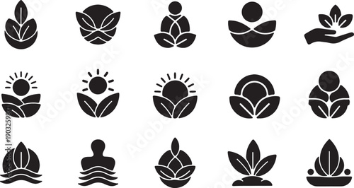 Minimalist Wellness and Holistic Health Icon Logo Set Abstract Zen, Meditation, and Nature-Inspired Symbols for Organic Beauty, Spa Branding, and Vitality.