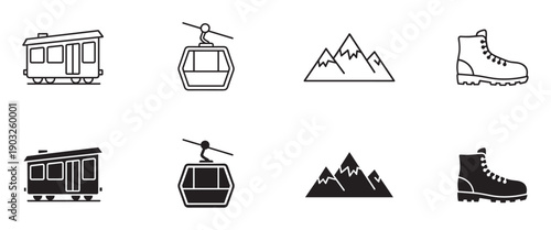 Set of black mountain travel icons featuring a funicular, cable car, peak, and boot, presented in both minimalist line art and solid black glyph styles for various design concepts