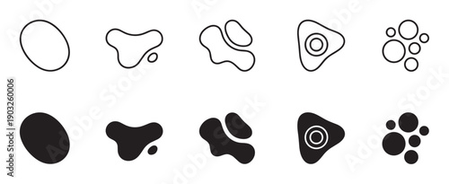 Set of black abstract organic shapes and icons presented in two styles, as thin line outlines and solid filled silhouettes for graphic design