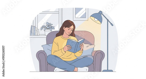 Young woman reading a book comfortably in an armchair.