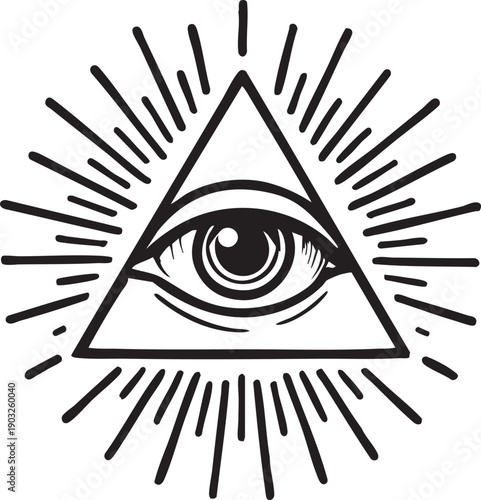 All seeing eye of providence symbol with sun rays and triangle  mystic icon