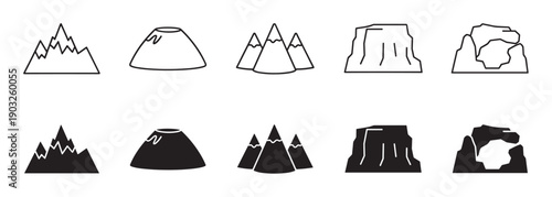 Set of black mountain and rock icons showing various geological formations like volcanoes and mesas, presented in both minimalist line art and solid silhouette glyph styles
