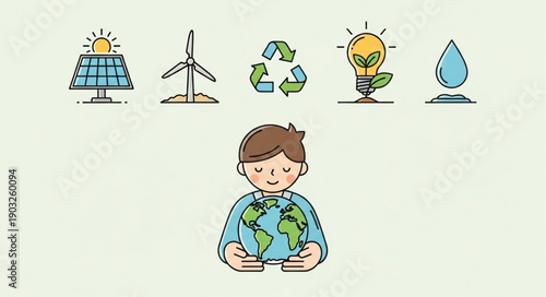 Young person holding planet earth with renewable energy symbols above.