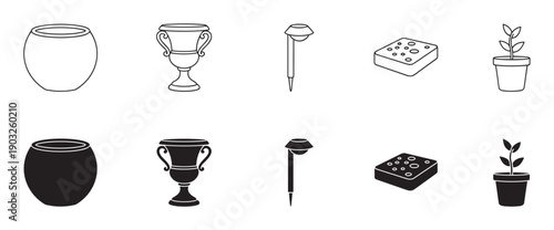 Set of garden and landscaping icons showing a vase, urn, path light, floral foam, and seedling in both black outline and solid silhouette graphic styles