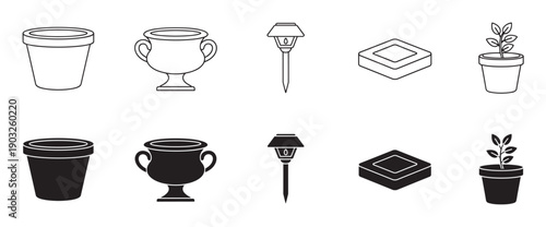 Set of black and white garden icons showing a flower pot, urn, path light, paver, and potted plant in both line art and solid glyph styles for graphic design