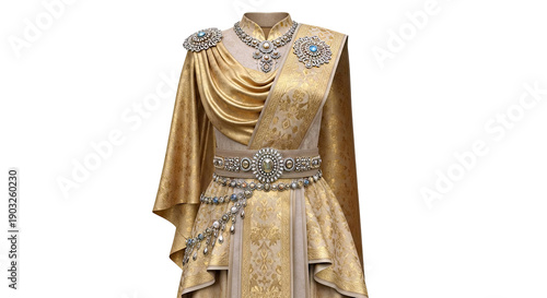 Ornate Golden Royal Attire with Intricate Jewel Embellishments