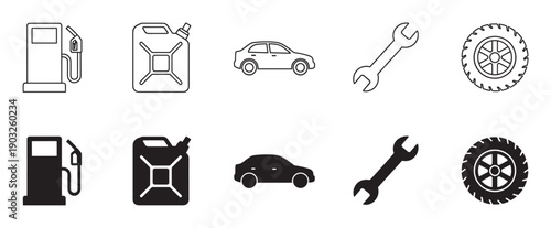 Collection of car maintenance and fuel icons featuring a gas pump, canister, vehicle, spanner, and wheel presented in simple line art and solid black silhouette styles