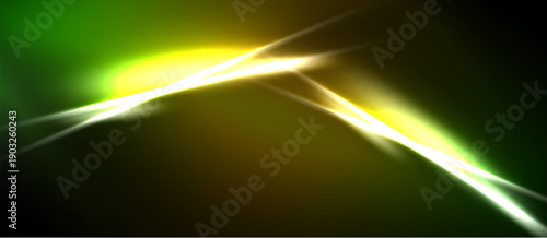 Abstract light streaks, vibrant green background. Bright yellow glow creates dynamic visual effect. Energy radiates from central point.