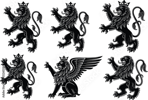 Set of Black Heraldic Lion Silhouettes and Winged Griffin Wearing Crowns Isolated on White Background for Medieval Royal Emblem Design