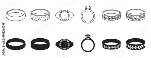 Collection of black and white rings in line art and silhouette styles, featuring various designs like a diamond engagement ring, plain bands, and floral or textured patterns