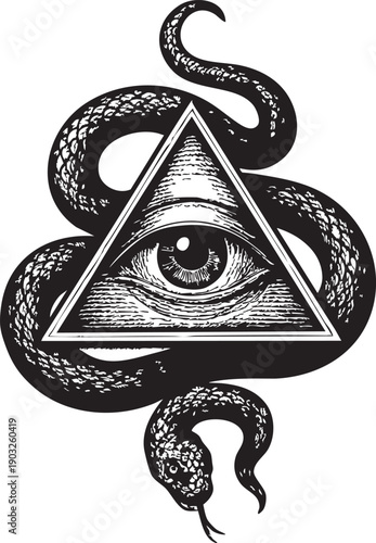Black and white illustration of eye in triangle with snakes  symbolism and mysticism concept