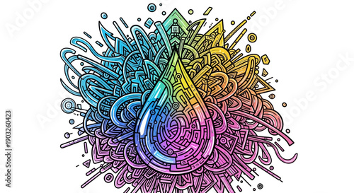 A colorful abstract doodle illustration with a central gradient water drop design