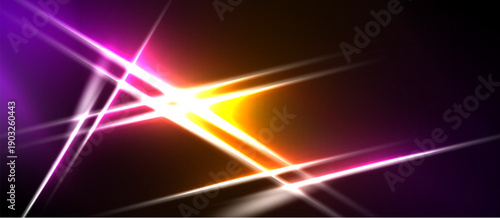 Abstract vibrant light streaks intersect. Bright yellow center radiates outward, purple hues dominate dark background. Dynamic energy visible.