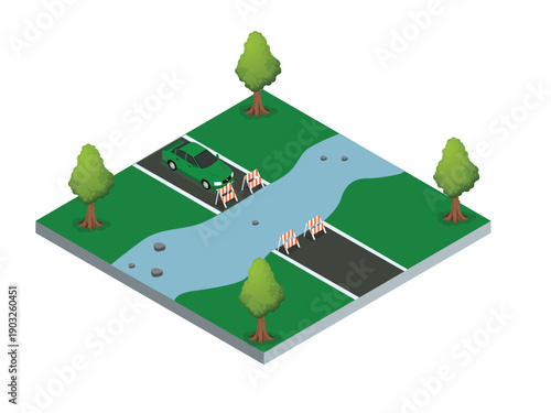 Road Construction Site with River, Bridge, and City Traffic 3d isometric vector illustration
