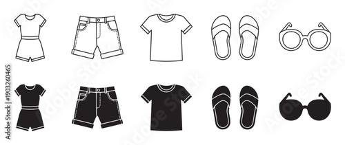 Set of black and white summer clothing icons featuring a romper, shorts, t-shirt, and sunglasses in a minimalist flat design with both outline and solid silhouette versions