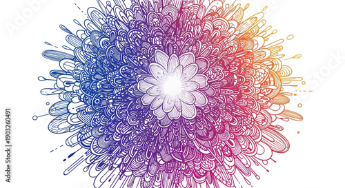 Vibrant hand-drawn intricate floral doodle art with colorful rainbow gradient abstract organic