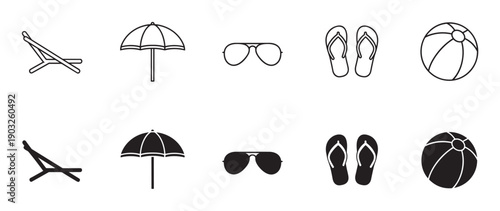Set of summer beach vacation icons including a deckchair, umbrella, sunglasses, flip-flops, and ball, shown in both black outline and solid silhouette styles for graphic design
