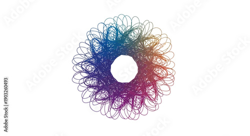 Vibrant abstract mandala design with intricate colorful lines and central octagonal shape on a