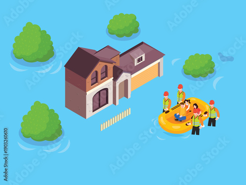 Flood Rescue Operation in a Submerged City 3d isometric vector illustration