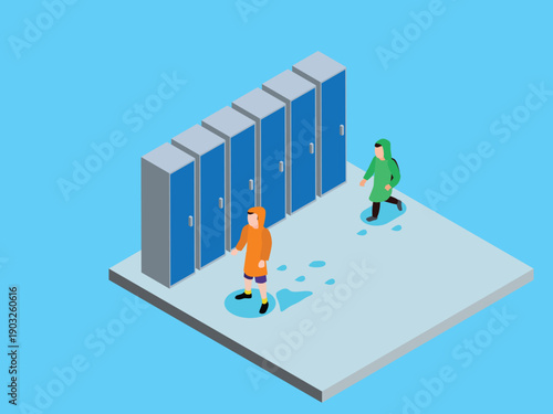 School Locker Room Illustration with Blue Metal Cabinets 3d isometric vector illustration