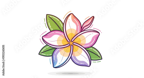 Vibrant Tropical Plumeria Flower Illustration with Stylized Leaves and Pastel Gradients